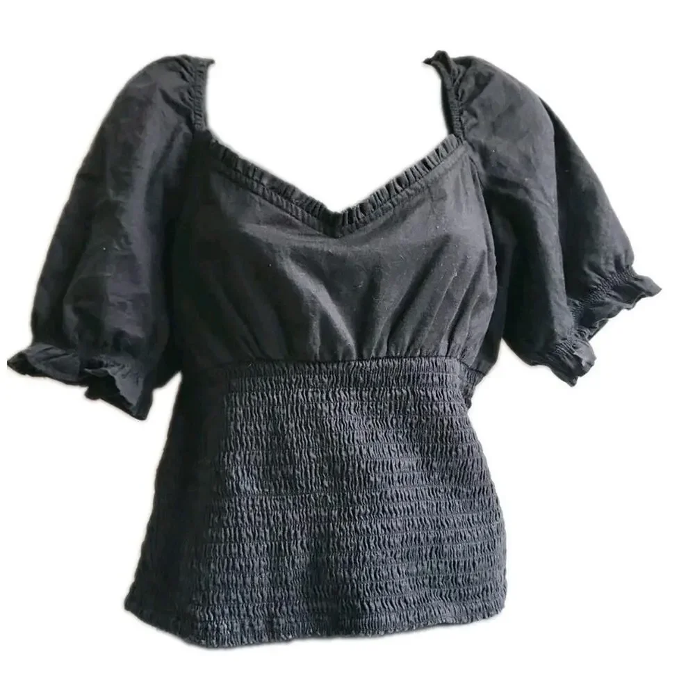 Abercrombie & Fitch XL Smocked Puff Sleeve Top Black Ruffle Sweetheart Neck Boho